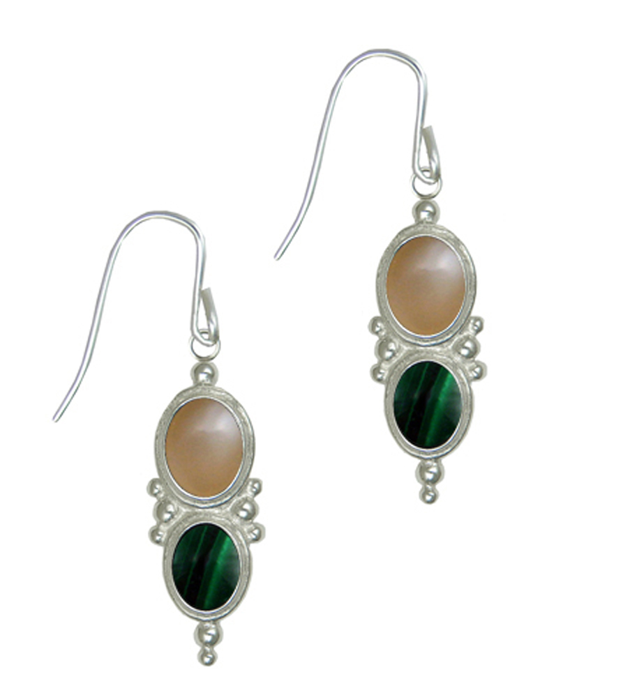 Sterling Silver Drop Dangle Earrings With Peach Moonstone And Malachite